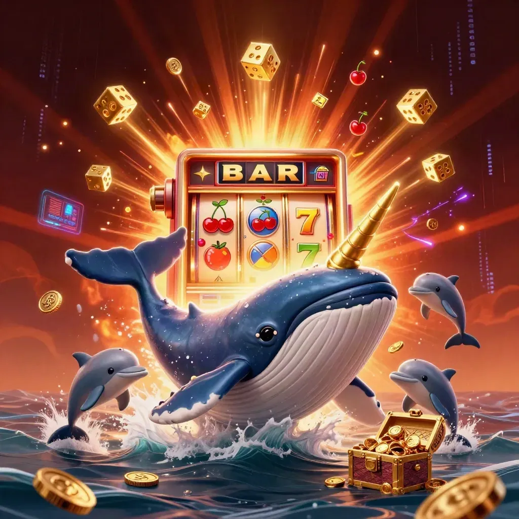 Captain whale, narwhal, and dolphins burst from coins around a glowing slot machine