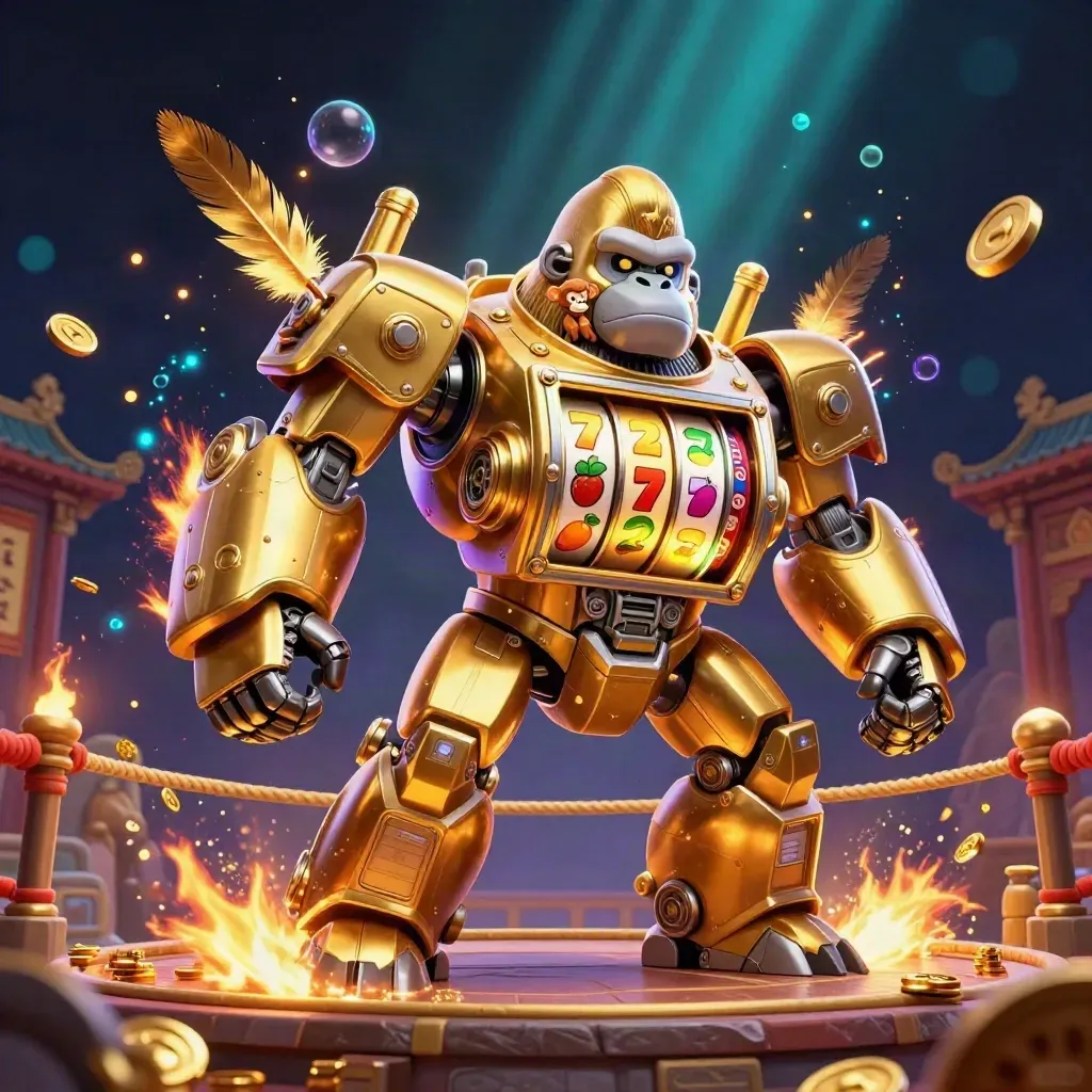 Golden gorilla slot mech with tiny monkey pilot, coins, temple gate, and neon casino glow.
