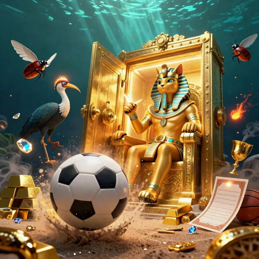 Pharaoh cat, ibis scribe, scarabs, and a soccer ball burst in a gold casino splash scene.