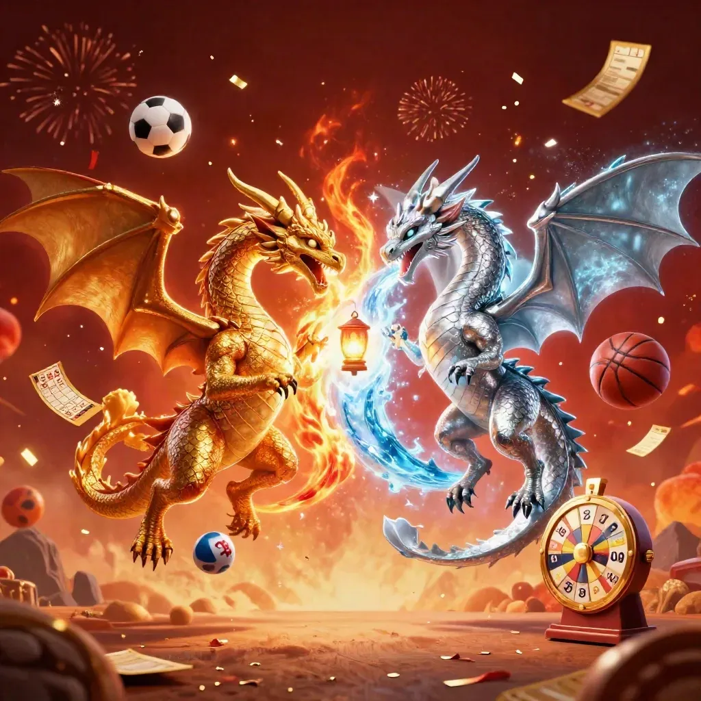 Gold and silver dragons spiral in fire and ice amid casino props, sparks, and sports gear.