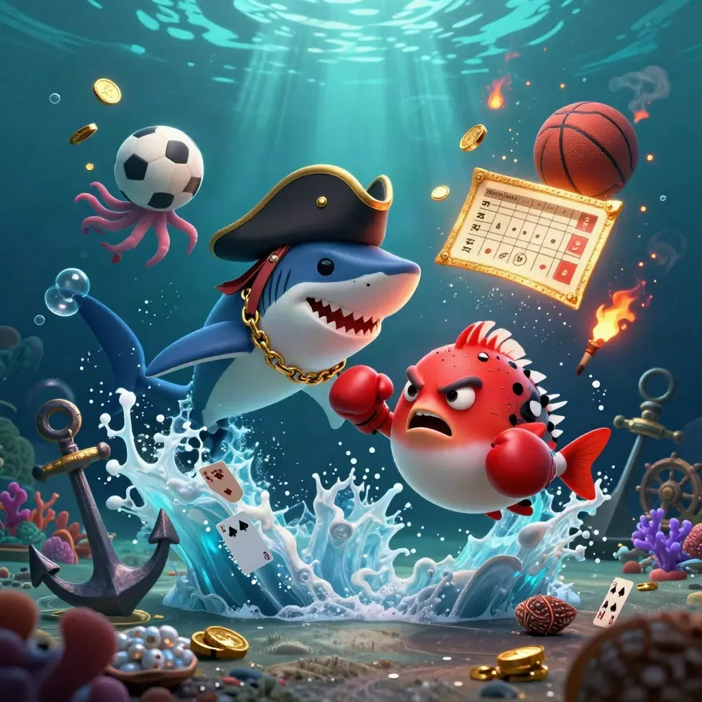 Pirate shark, boxing pufferfish, and coin-juggling octopus amid sports balls and treasure underwater