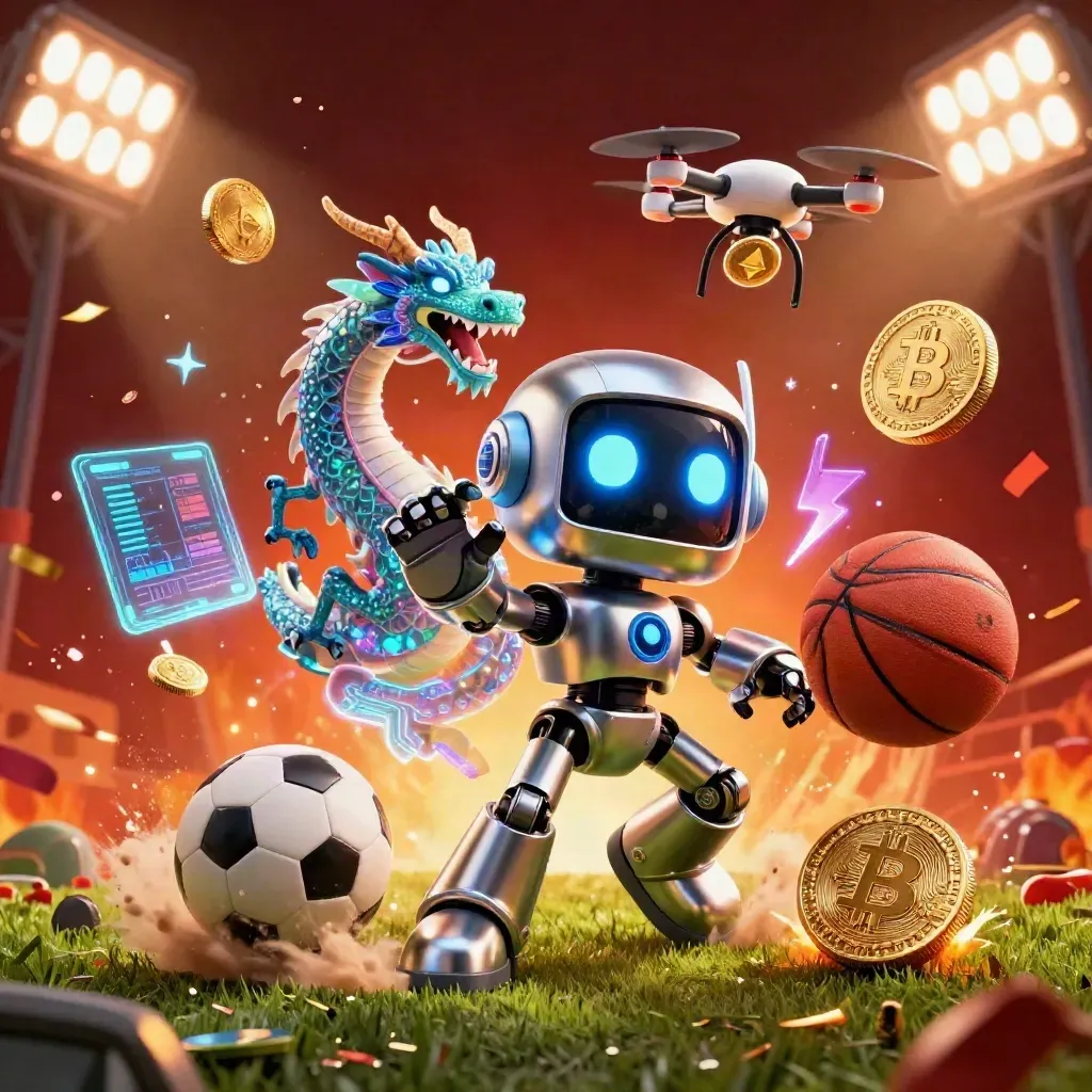Cyberpunk robot, hologram dragon and drone amid coins, ball, and lightning under stadium lights.