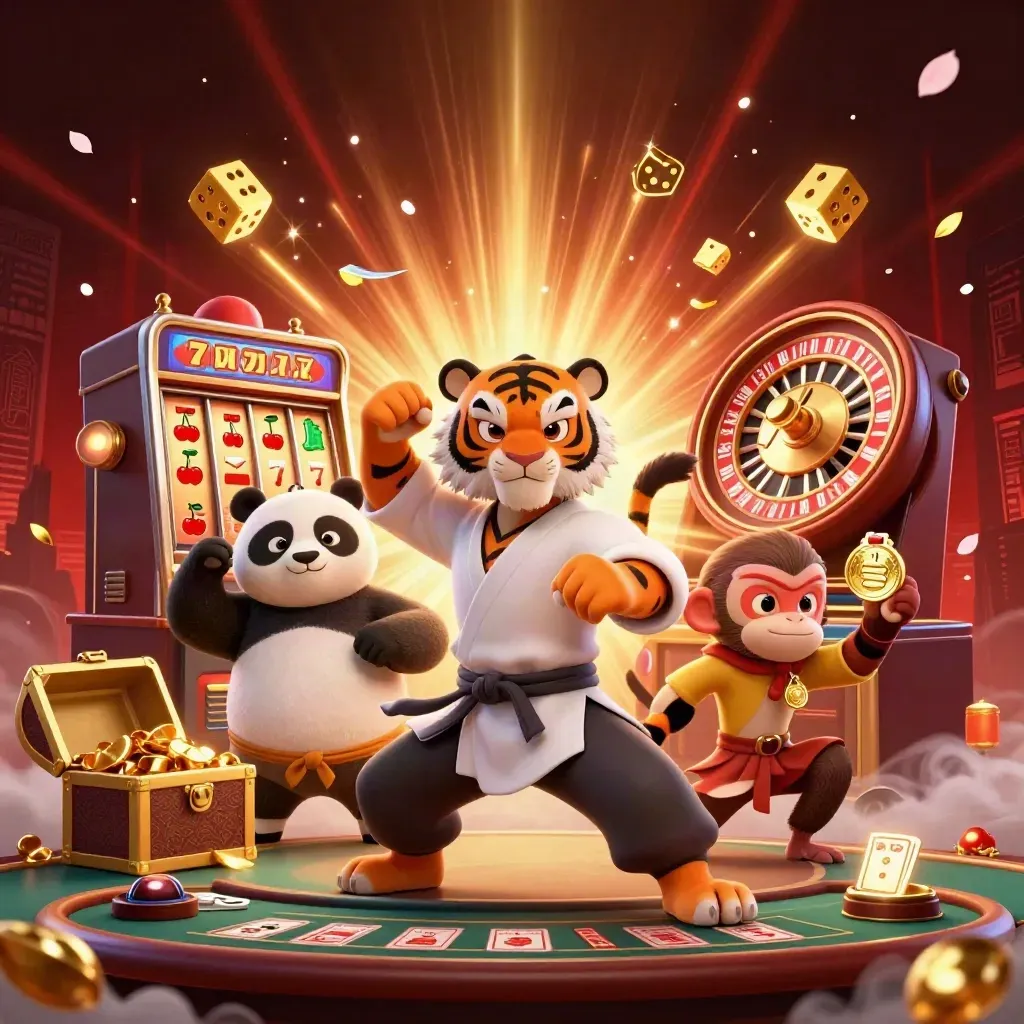 Kung-fu tiger, panda, and monkey amid casino loot, slot burst, and glowing Egyptian neon