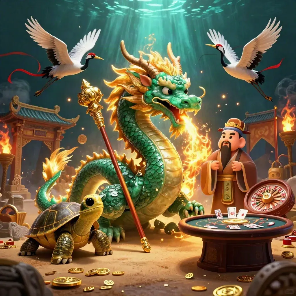 Emerald dragon, turtle sage, and cranes amid casino relics, fire, and teal underwater light.
