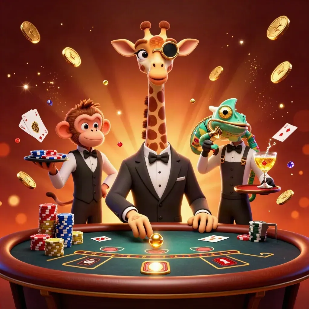 Giraffe, monkey valet, and chameleon bartender in a luxe casino scene with coins, gems, and a spinning wheel.