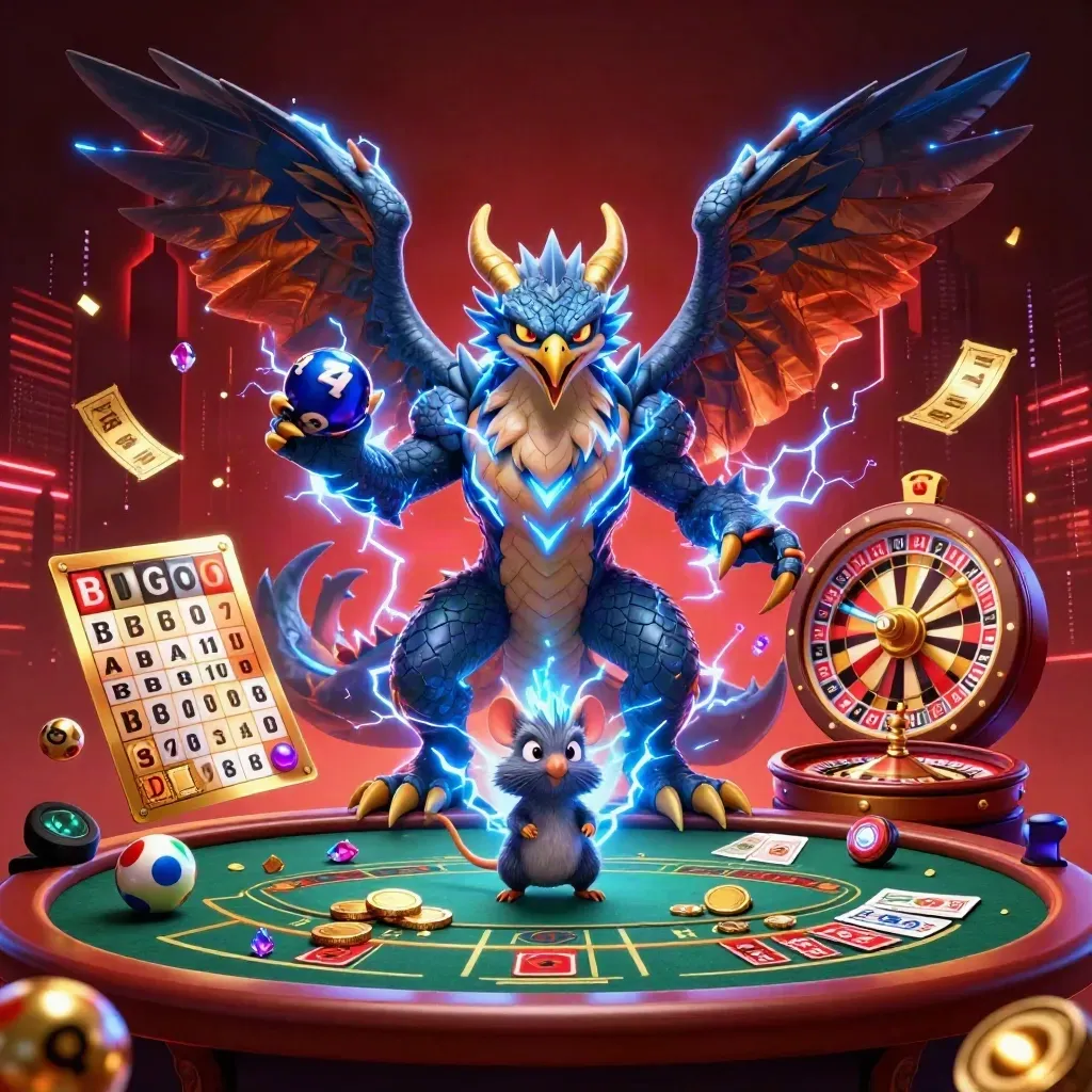 Thunder dragon, wind hawk, and static mouse amid casino lights, wheels, and flying prize balls