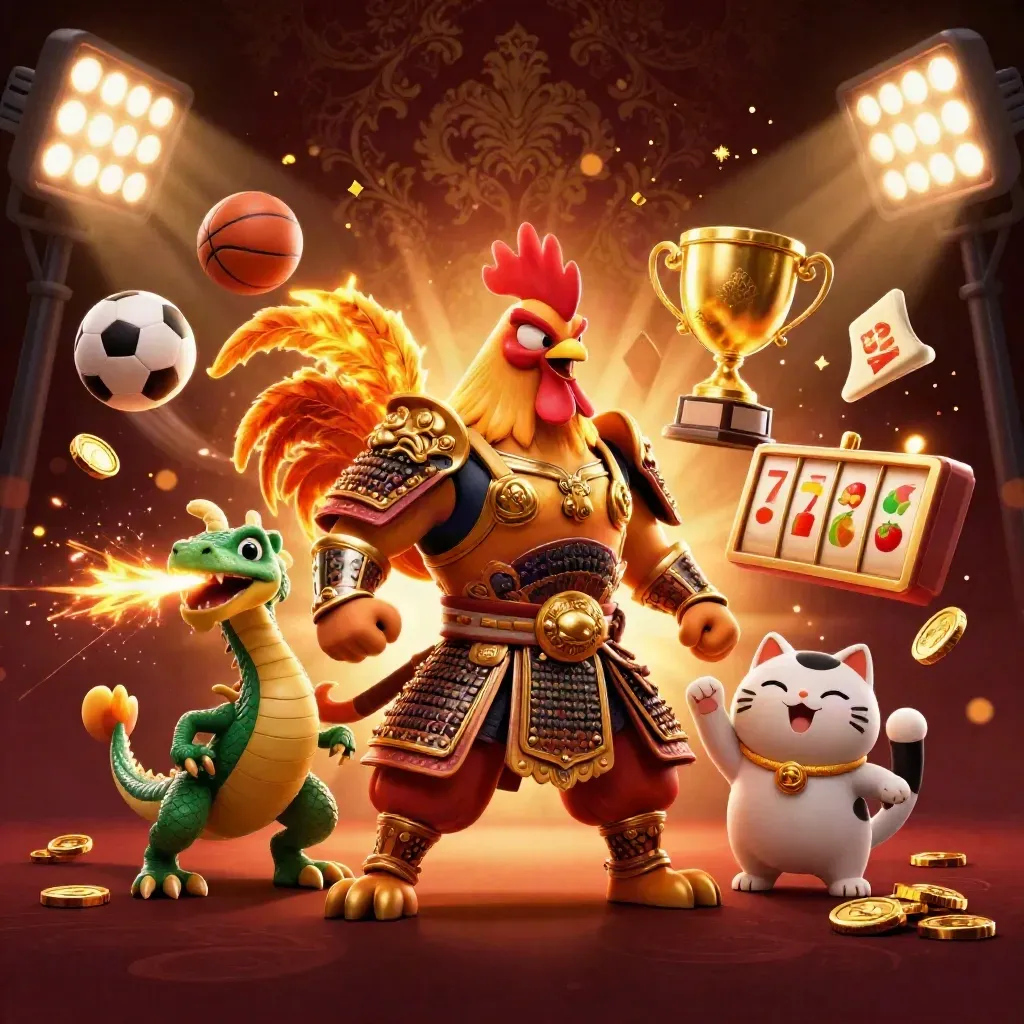 Rooster warrior, spark-breathing hatchling, and fortune cat amid casino sports loot and gold bursts