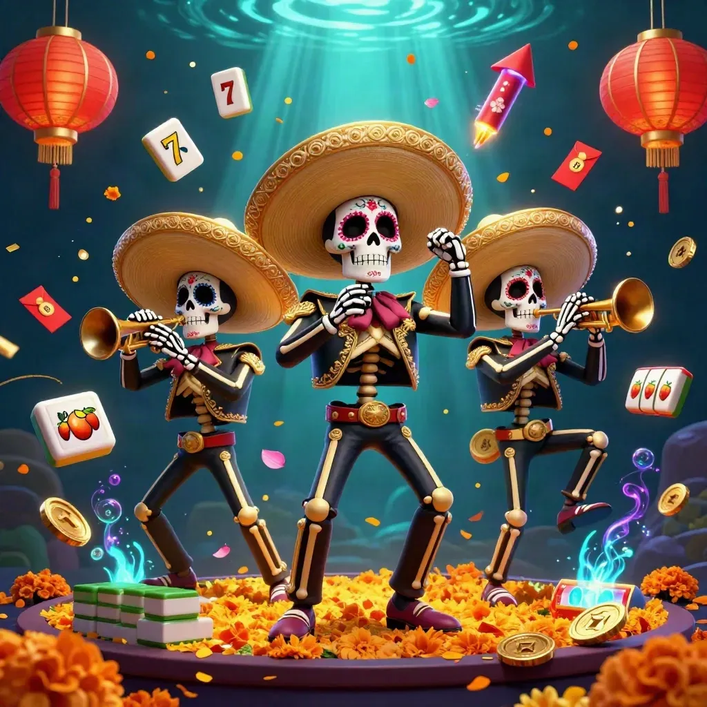 Skeleton mariachi trio plays amid lanterns, jade coins, and cyan underwater glow