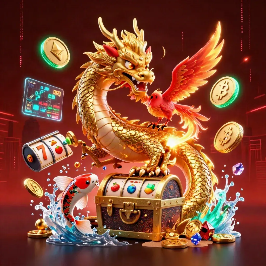 Golden dragon, phoenix, and koi erupting with casino treasure in emerald neon