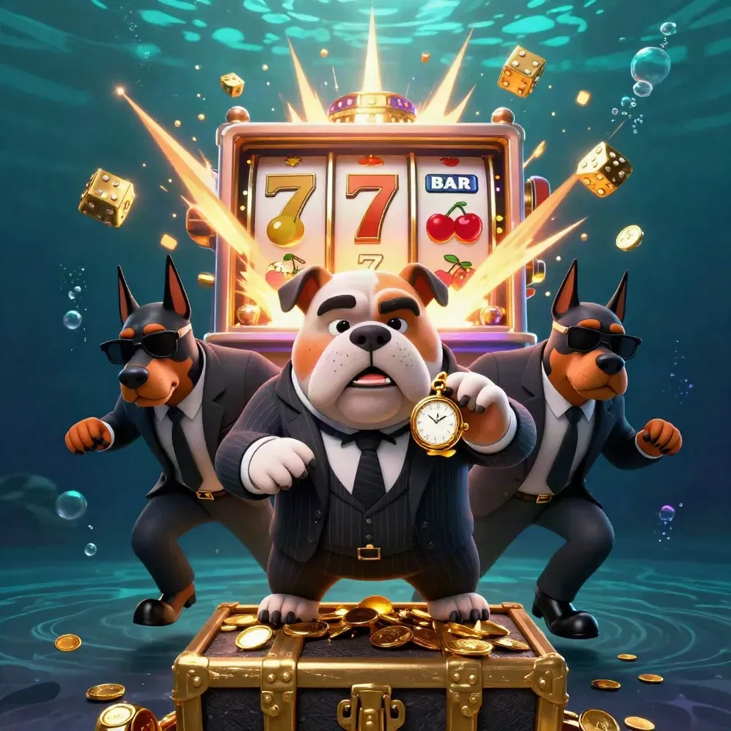 Mob-boss bulldog and two Dobermans burst from a treasure vault in emerald casino glow.