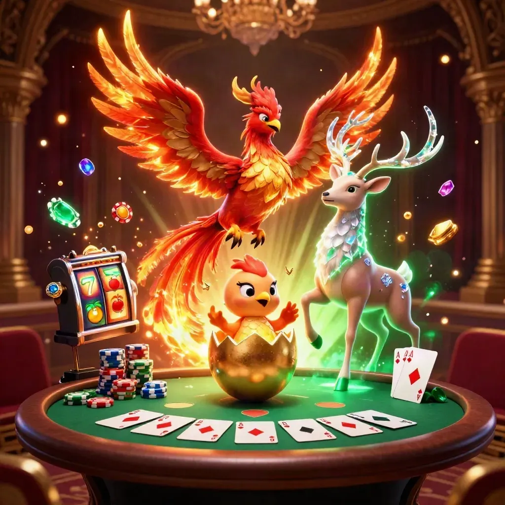 Phoenix, baby phoenix, and crystalline stag burst amid golden chips, cards, and Egyptian casino glow.