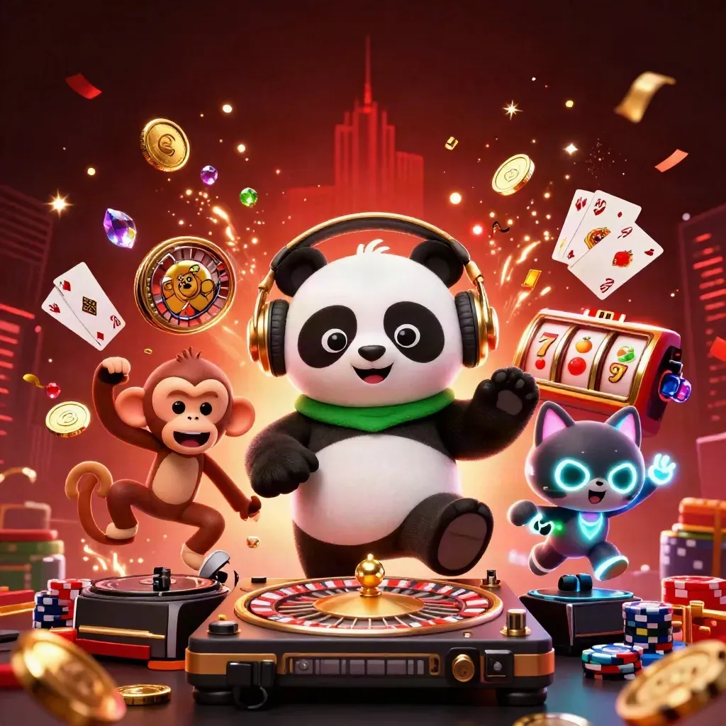 DJ panda, breakdancing monkey, and glow kitten amid casino coins, chips, cards, and neon energy