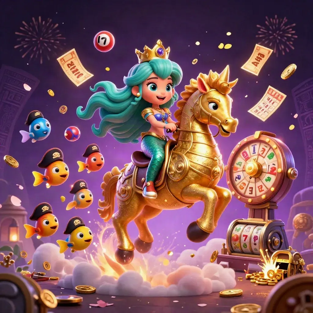 Mermaid princess on armored seahorse amid coins, reels, balls, and fireworks in a luxe casino scene.
