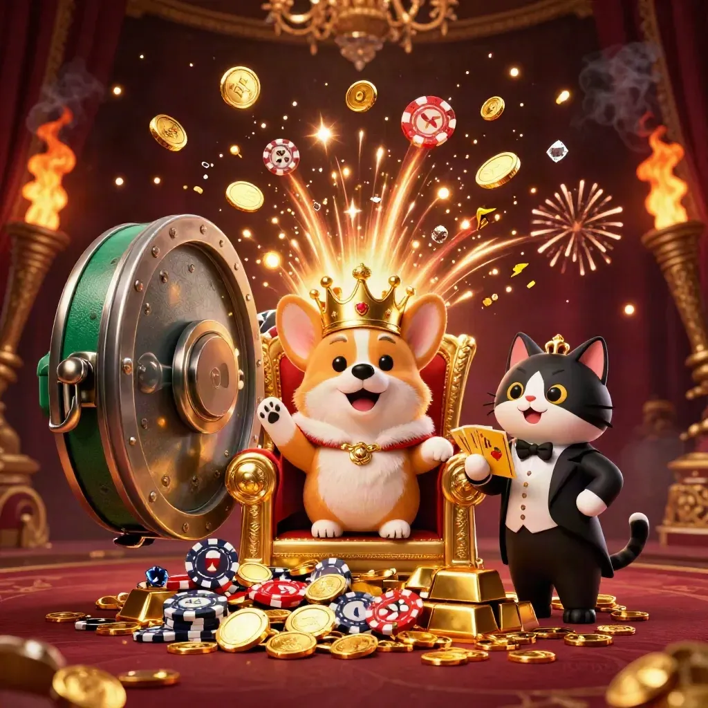 Royal corgi and cat butler burst from a treasure vault amid coins, gems, reels, and fireworks.