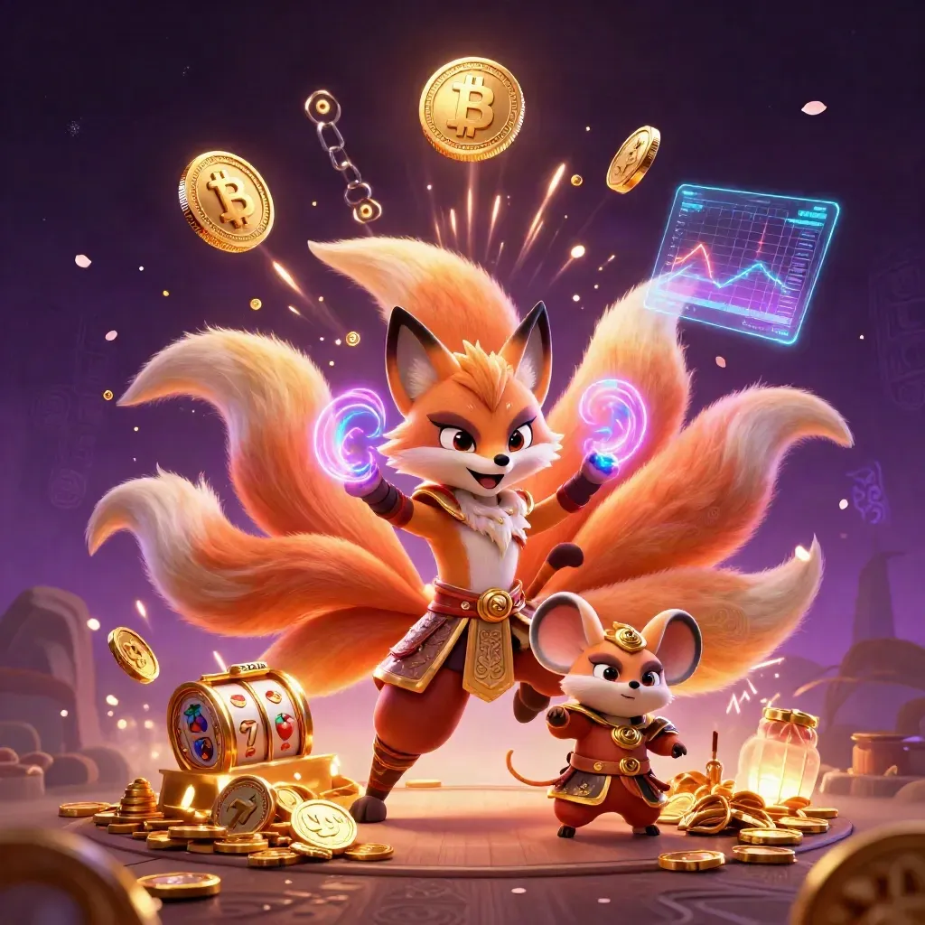 Nine-tailed fox spirit and golden mouse amid coins, reels, lightning, and treasure burst.