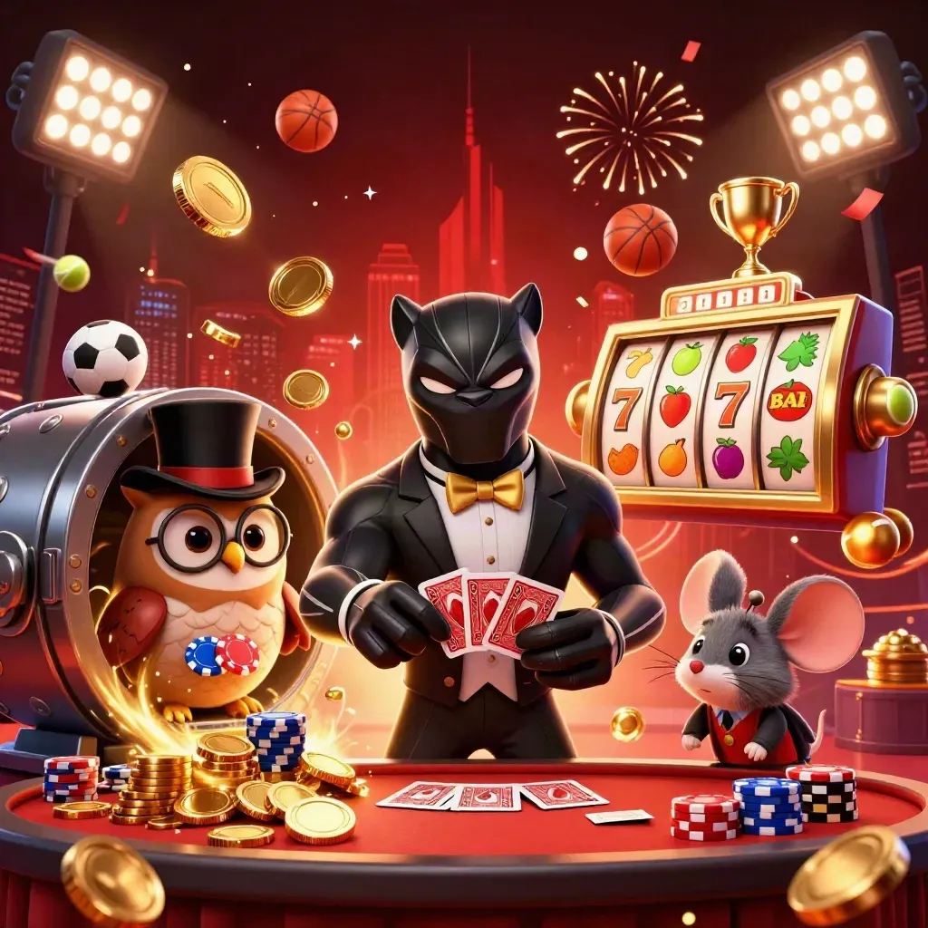 Panther, owl, and mouse amid coins, cards, fireworks, trophies, and flying sports balls in luxe casino art
