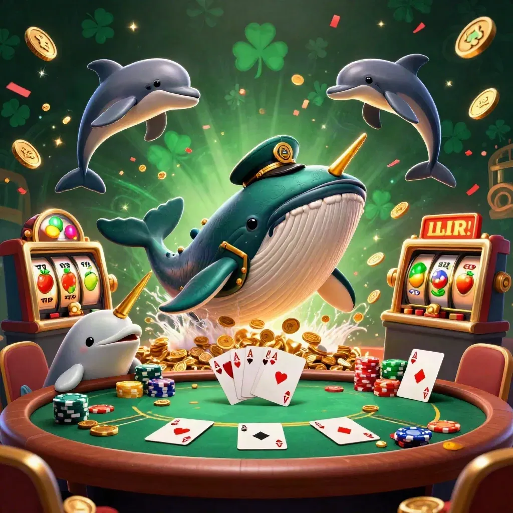 Cartoon whale captain, narwhal, and dolphins breach through coins with casino cards and slots.