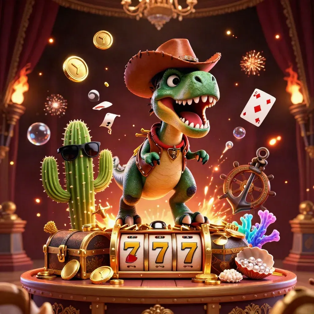 Cowboy T-Rex, cactus, and roadrunner burst from a vault with gold coins and casino symbols.