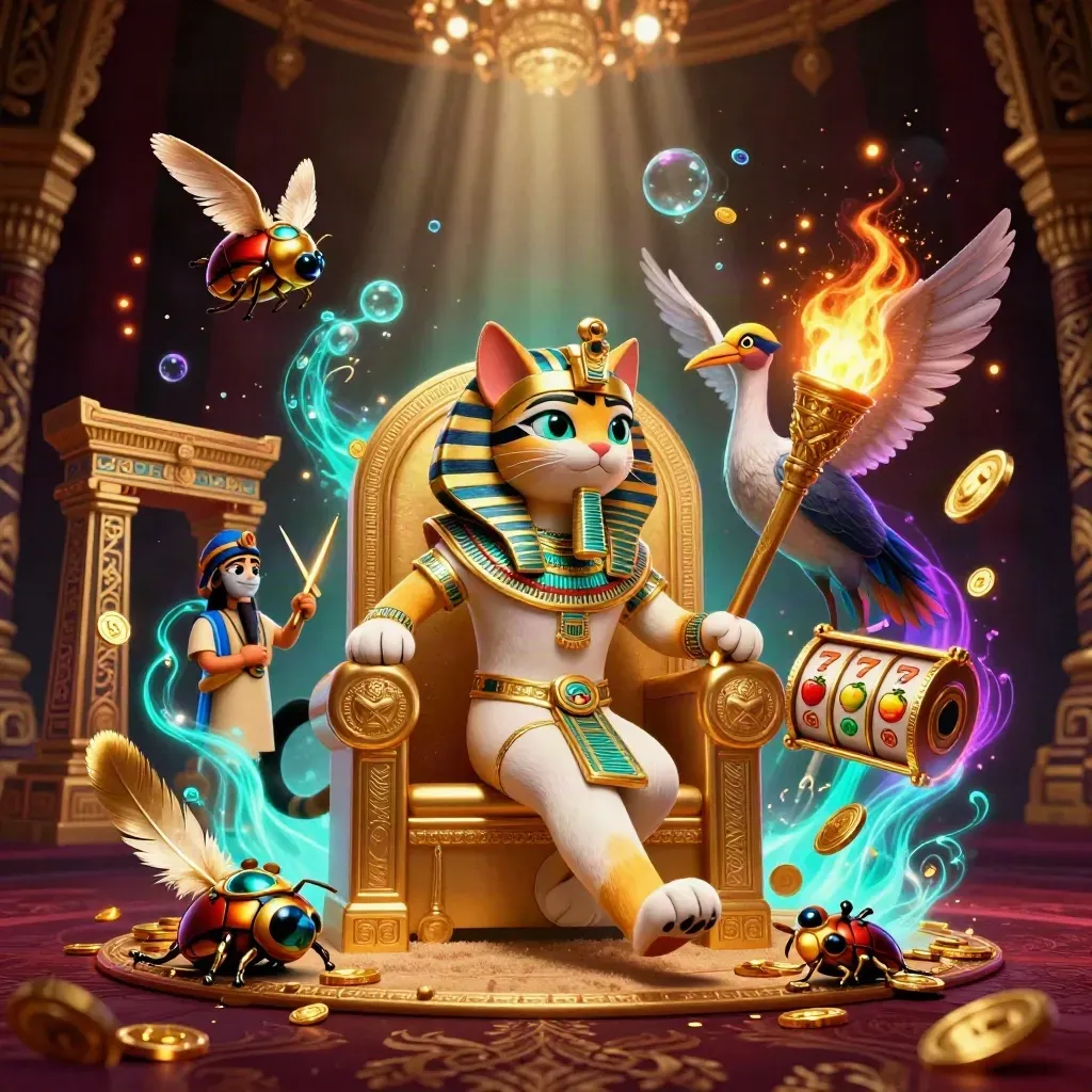 Pharaoh cat, ibis scribe and gem scarabs on a golden throne amid casino symbols and cyan glow