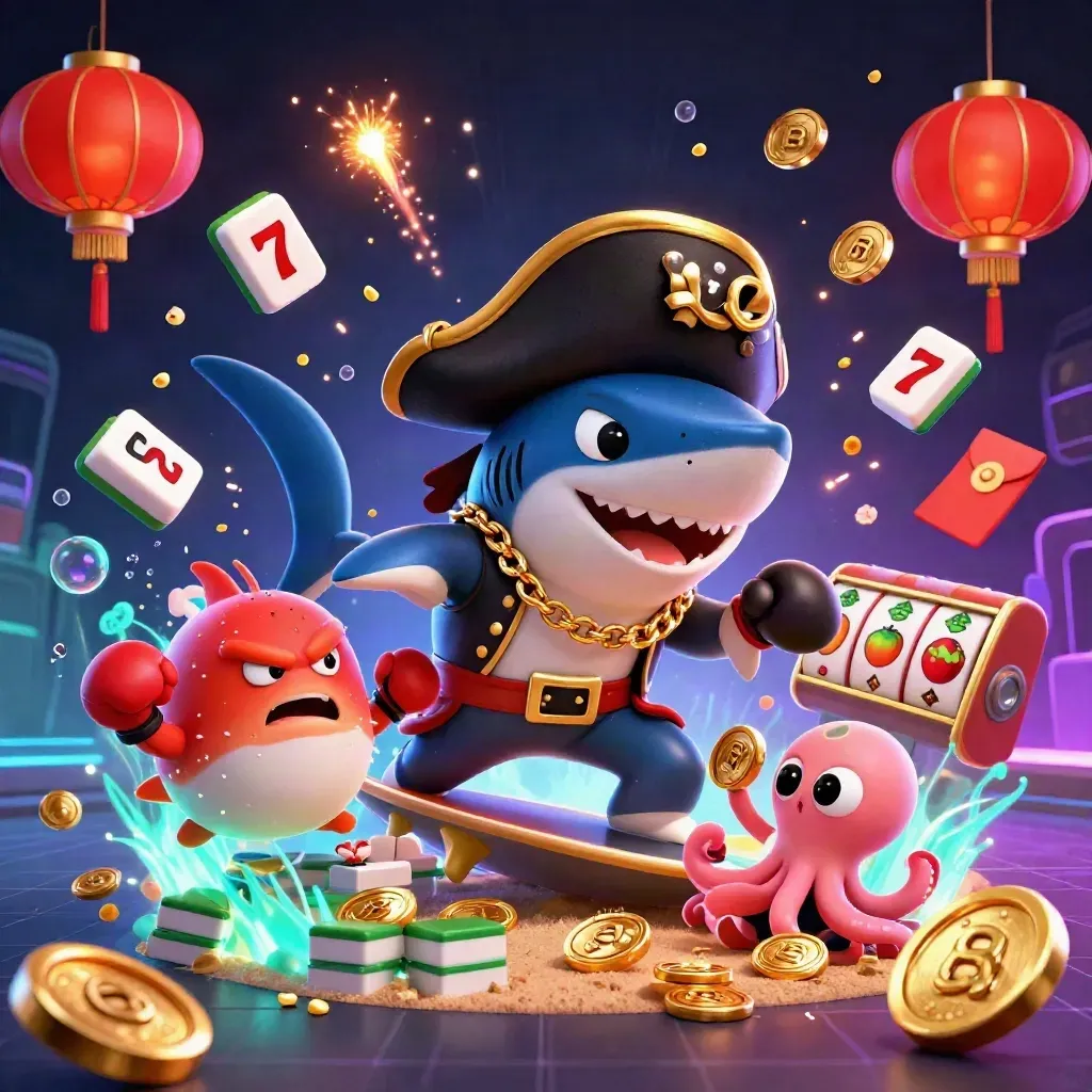 Shark pirate, pufferfish boxer, and juggling baby octopus amid casino symbols in neon underwater light.