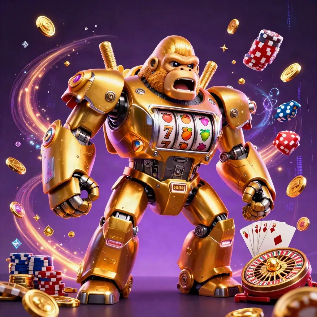Golden gorilla slot mech with monkey pilot exploding with coins, chips, cards, and roulette energy