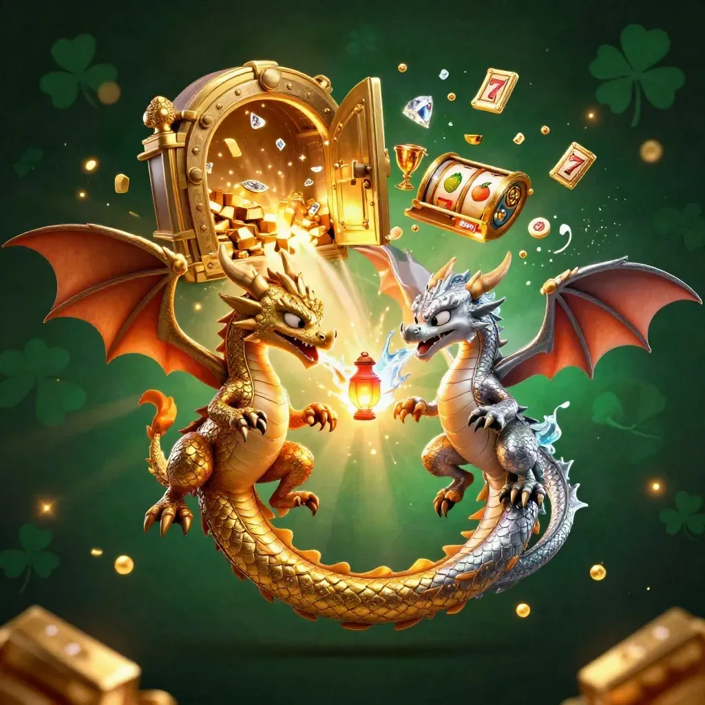 Twin gold and silver dragons swirl around a lantern spirit before a glowing vault in a dark emerald casino.