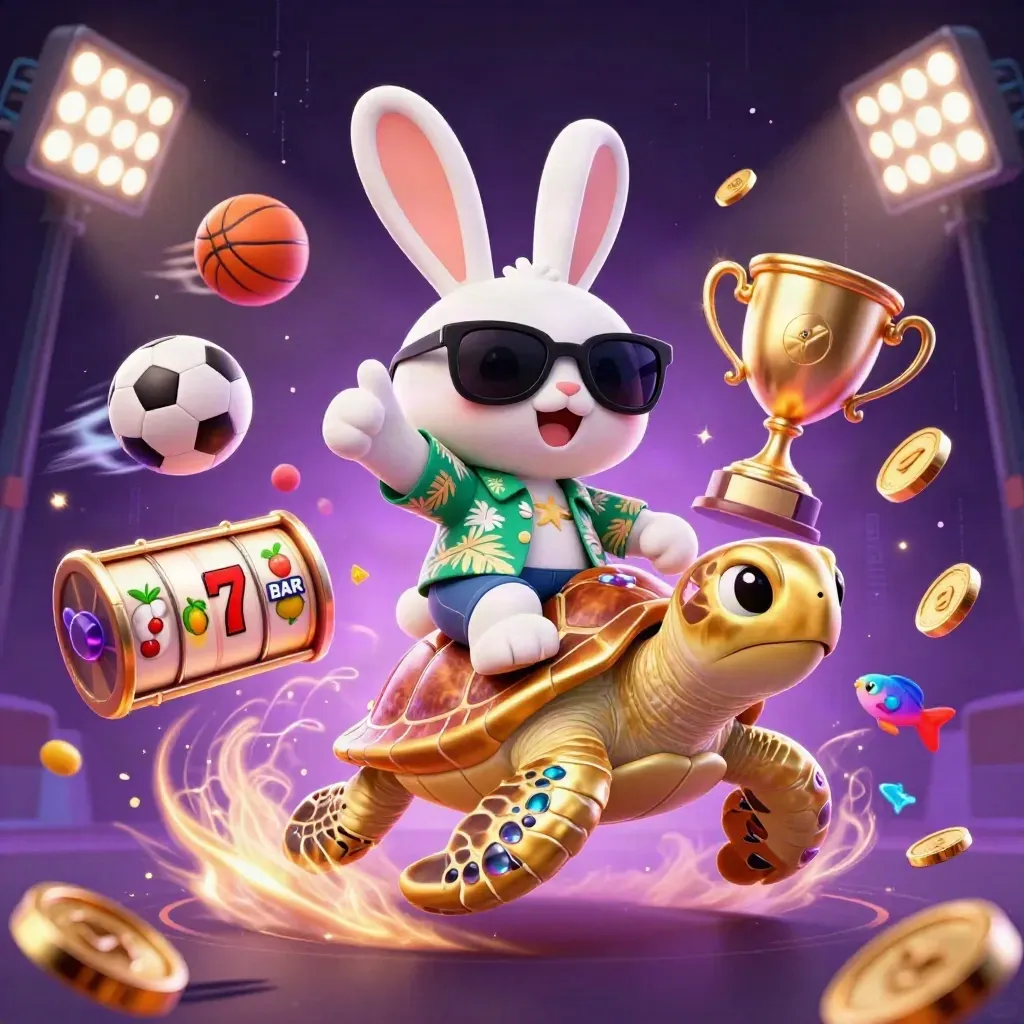 Lucky rabbit rides a golden sea turtle amid coins, reels, sports balls and neon casino magic.