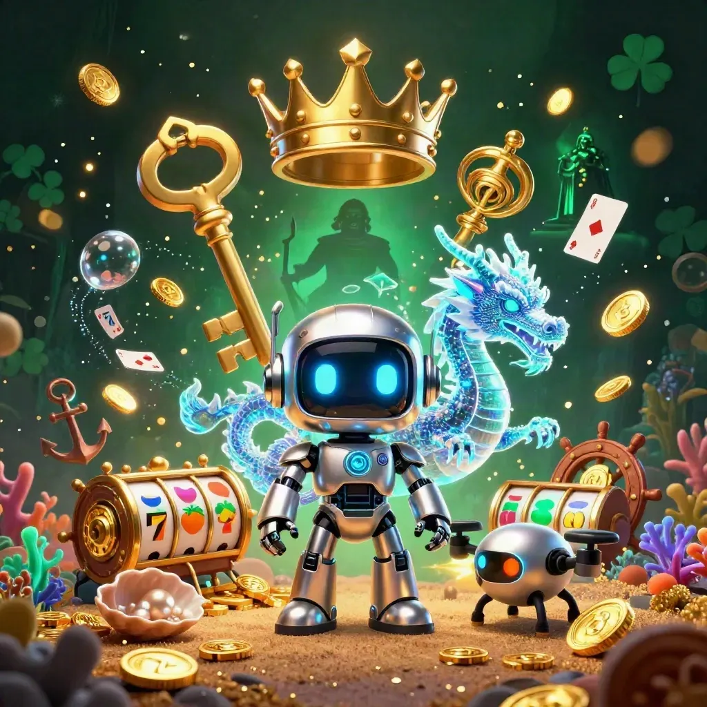Cyberpunk robot, holographic dragon, and coin drone over an Egyptian treasure cove.