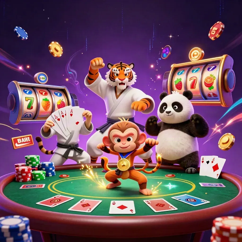 Tiger, panda, and monkey in a neon casino battle around chips, cards, and a golden medal.